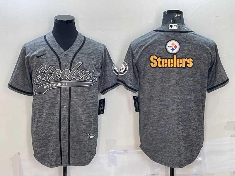 Men%27s Pittsburgh Steelers Grey Gridiron Team Big Logo Cool Base Stitched Baseball Jersey